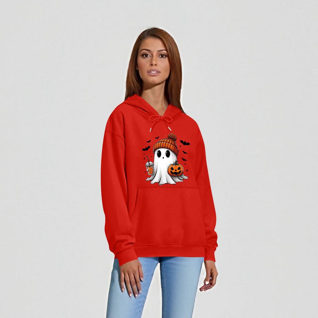 Women's O-neck Long Sleeve Halloween Printed Top Solid Color Hoodie