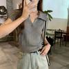 White polo collar light knitted sweater short sleeve women's summer texture front shoulder base T-shirt soft waxy ice silk top