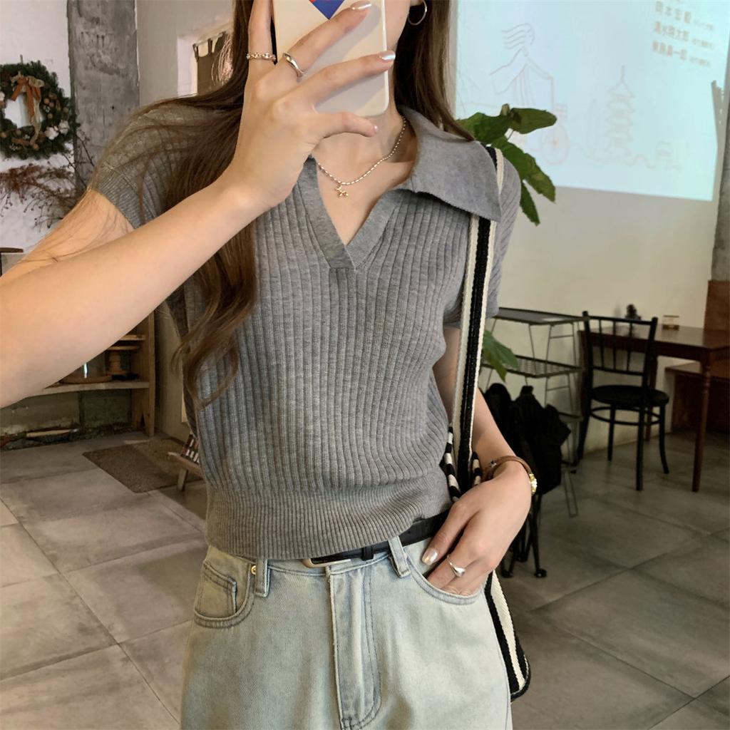 White polo collar light knitted sweater short sleeve women's summer texture front shoulder base T-shirt soft waxy ice silk top