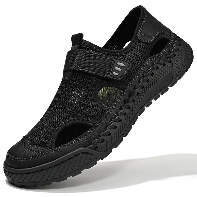Sandale de vară în aer liber, pentru bărbați, stil nou, cu vârf din piele, pentru sport pentru timpul liber, sandale goale, pantofi de plajă, pantofi pentru bărbați din plasă lucrați manual