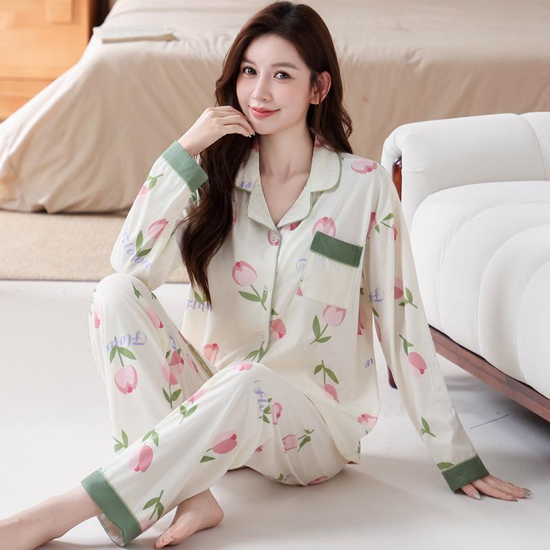 Süße Tulpe neuer Pyjama Damen Frühling und Herbst Imitat Baumwolle langärmelige Loungewear Übergröße Set