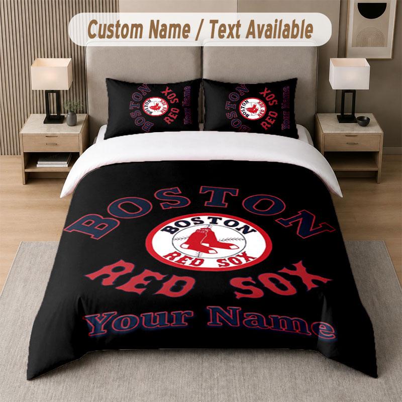 Custom Bedding Set Boston Red Sox Pattern, Print Name Text 1 Duvet Cover plus 2 Pillowcases Home Textile