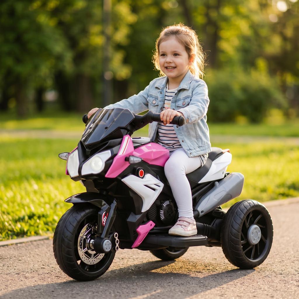 Kids Electric Motorcycle, 6V Ride on Motorcycle with 3 Wheels, LED Headlight, Music, Horn for Boys Girls 3-5 Years, Pink