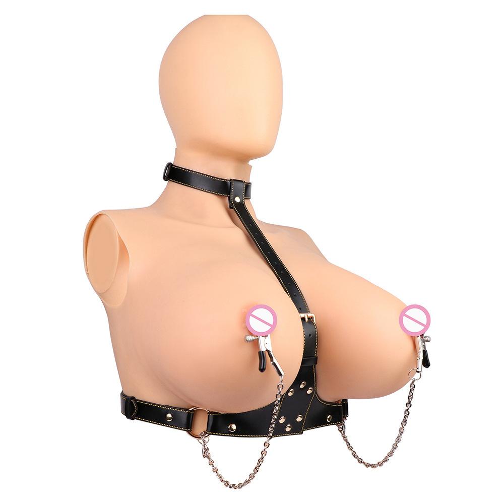 Leather Nipple Clamps Chain Black Wearable Bra BDSM Lingerie Adult Couples Flirting Toy