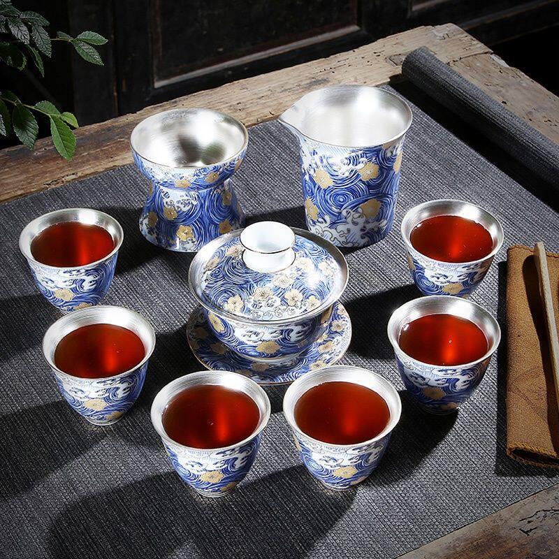 

JIN MING LI Enamel Gilded Silver Tea Set