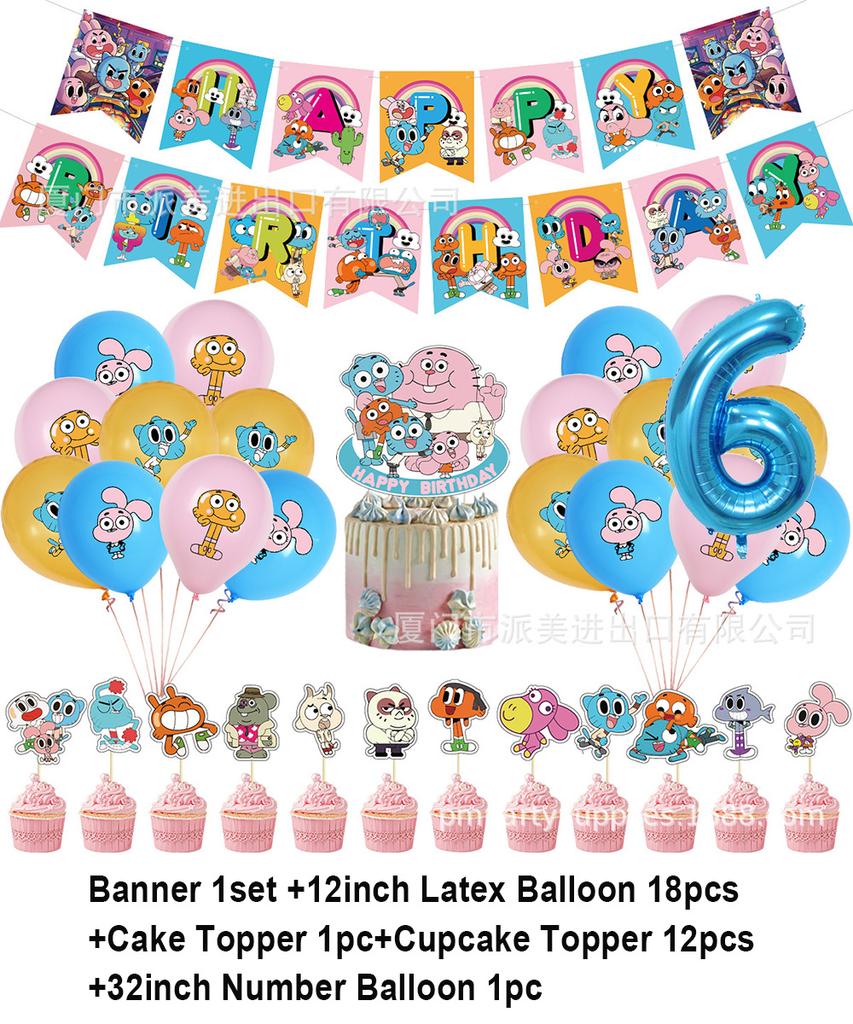 Cartoon Amazing World Birthday Party Decorations Gum&balles Balloon Banner Cake Topper Rabbit Cat Anime Backdrop Kid Favor Gift