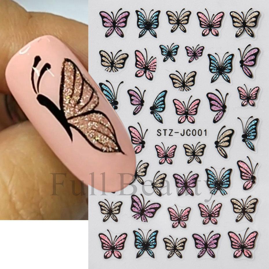 Nail Art Sticker, Pink, Blue, Yellow Glitter, Butterfly Imitation Hand-Painted Lines, Butterfly Nail Sticker.