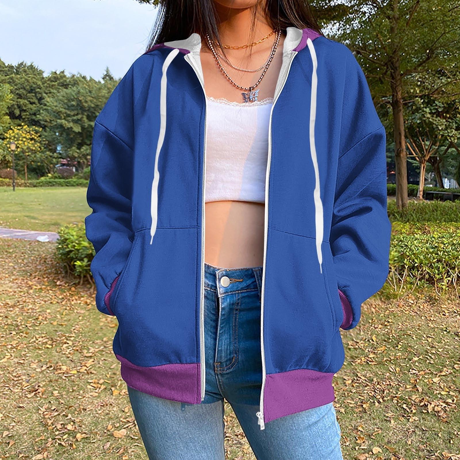 Толстовка с капюшоном на молнии для женщин с длинным рукавом свободные толстовки для женщин куртка с карманами модная одежда на осень L синий 2349₽