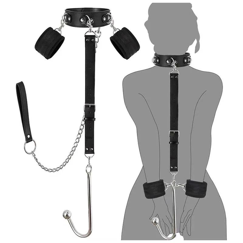 Sexual Bondage Restraint Kit BDSM Leather Thigh Sling Breast Belt Rear Handcuffs Spread Legs Slave Fetish Anal Hooks Fetish