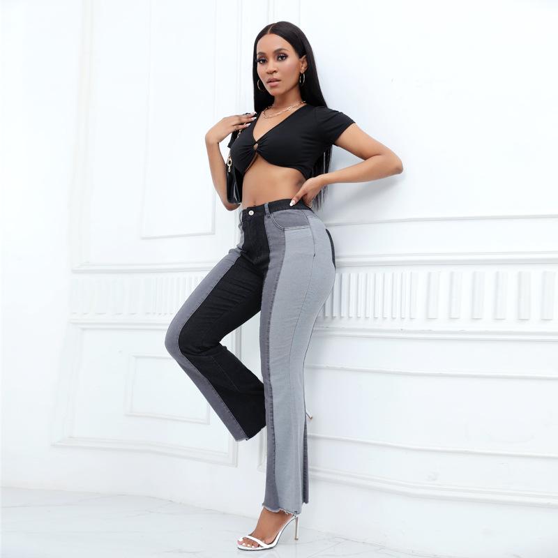 European and American Style Stretch Fashionable Washed Contrasting Jeans Women High Waist Retro Design Long Pants