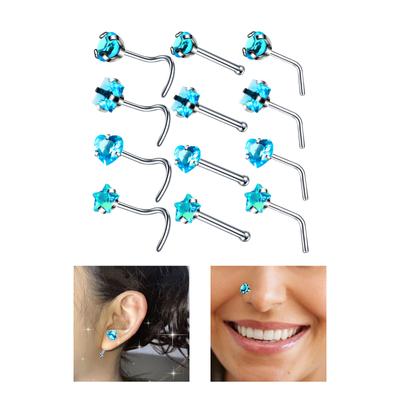 Conjunto de 5 Elegantes Piercings de Nariz de Liga e Argola 20G Barra Curva em L com Brilhantes Pedras de Zircônia Cúbica Acessório de Joalheria Uso Diário