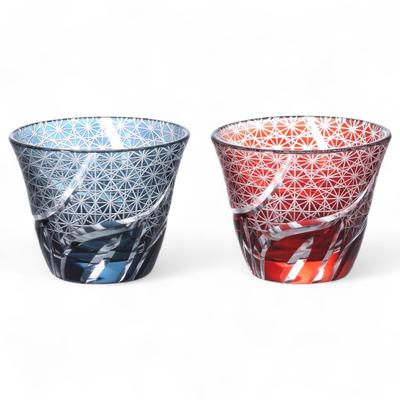 Mizukage Kiriko Pair Glasses Cups for Cold Tea 100cc Random Carving Small Pattern Ink Blue Red with Engraved Base Bishou Current Model J-kitchens