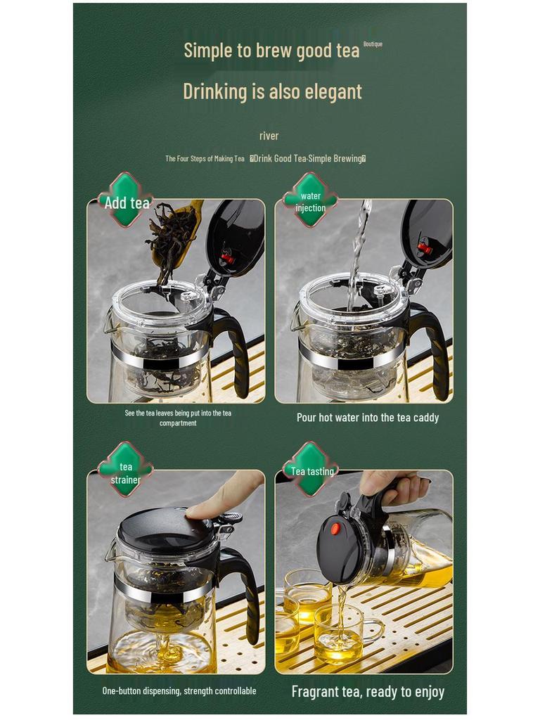 Elegant Heat-Resistant Glass Tea Infuser Pot with One-Button Filtering - Customizable with Logo Option.