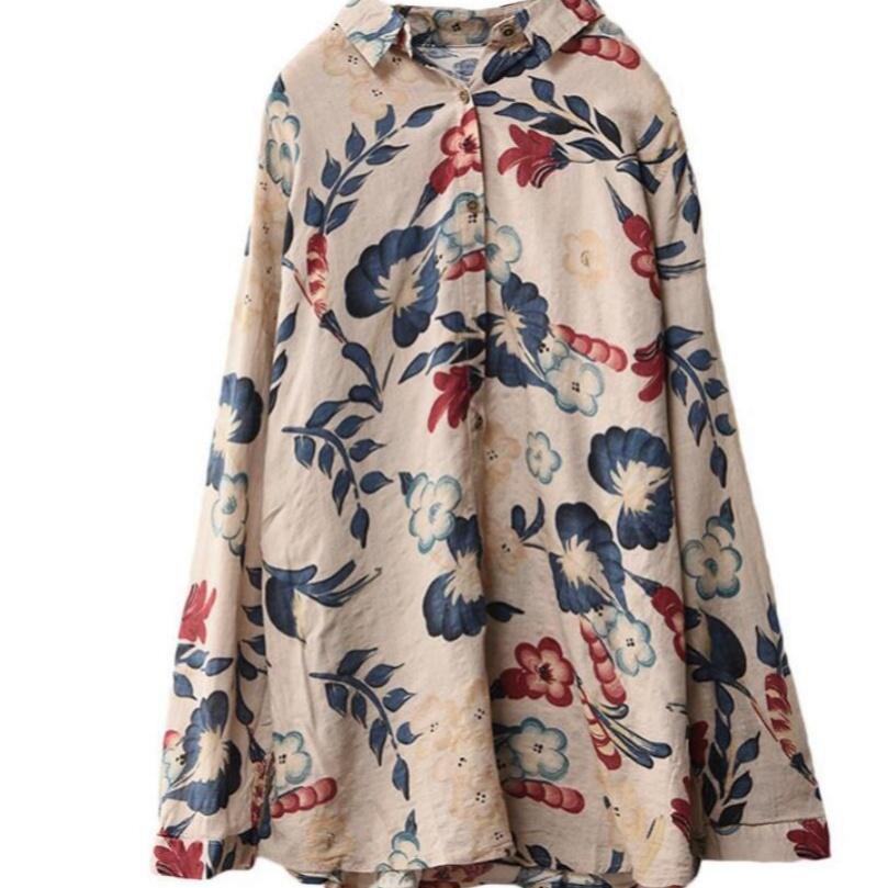 

Рубашка большого размера свободного кроя в литературном ретро-стиле с цветочным принтом из хлопка и льна, универсальный длинный топ S