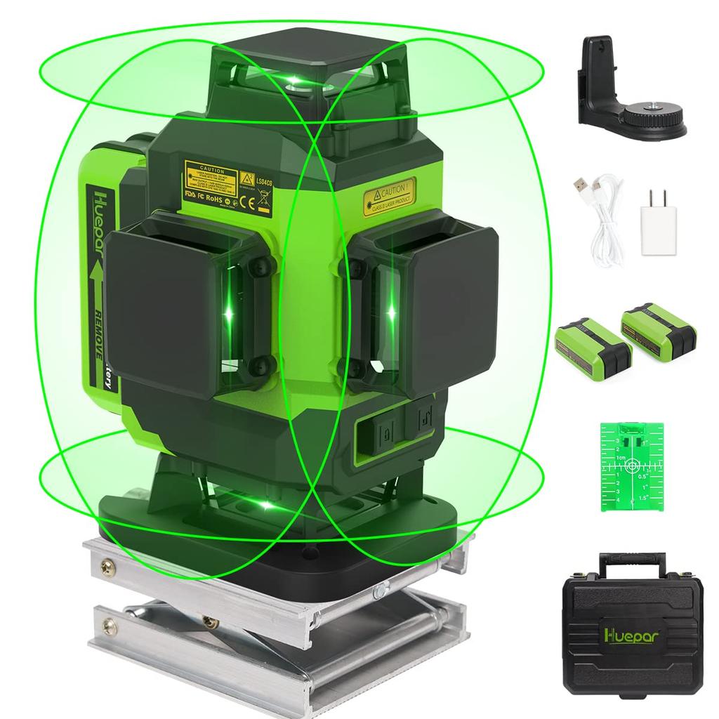 Huepar 4x360 Laser 4D Green Laser Cross Tile Floor Laser Tool 2 X 360 Horizontal Laser Lines 2 X 360 Vertical Laser 2 Batteries Hard Carry Case