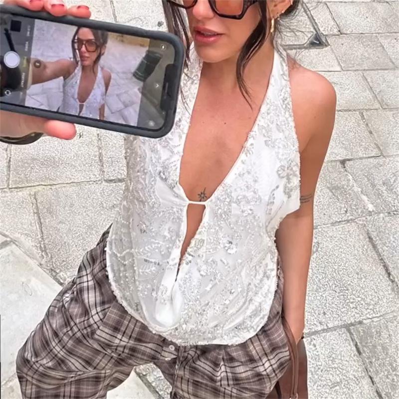 Sexy Tiefem V-ausschnitt Strand Tank Top Heiße Mädchen 2025 Sommer Pailletten Patchwork Ärmellose Weste Frauen Urlaub Sexy Backless Top