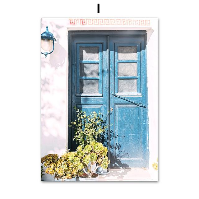 Blaue Ozean-Tür-Windmühle, Ägäis-Landschaft, Wandkunst, Leinwandgemälde, Santorini-Poster und Drucke, Wandbilder für Wohnzimmer-Dekoration