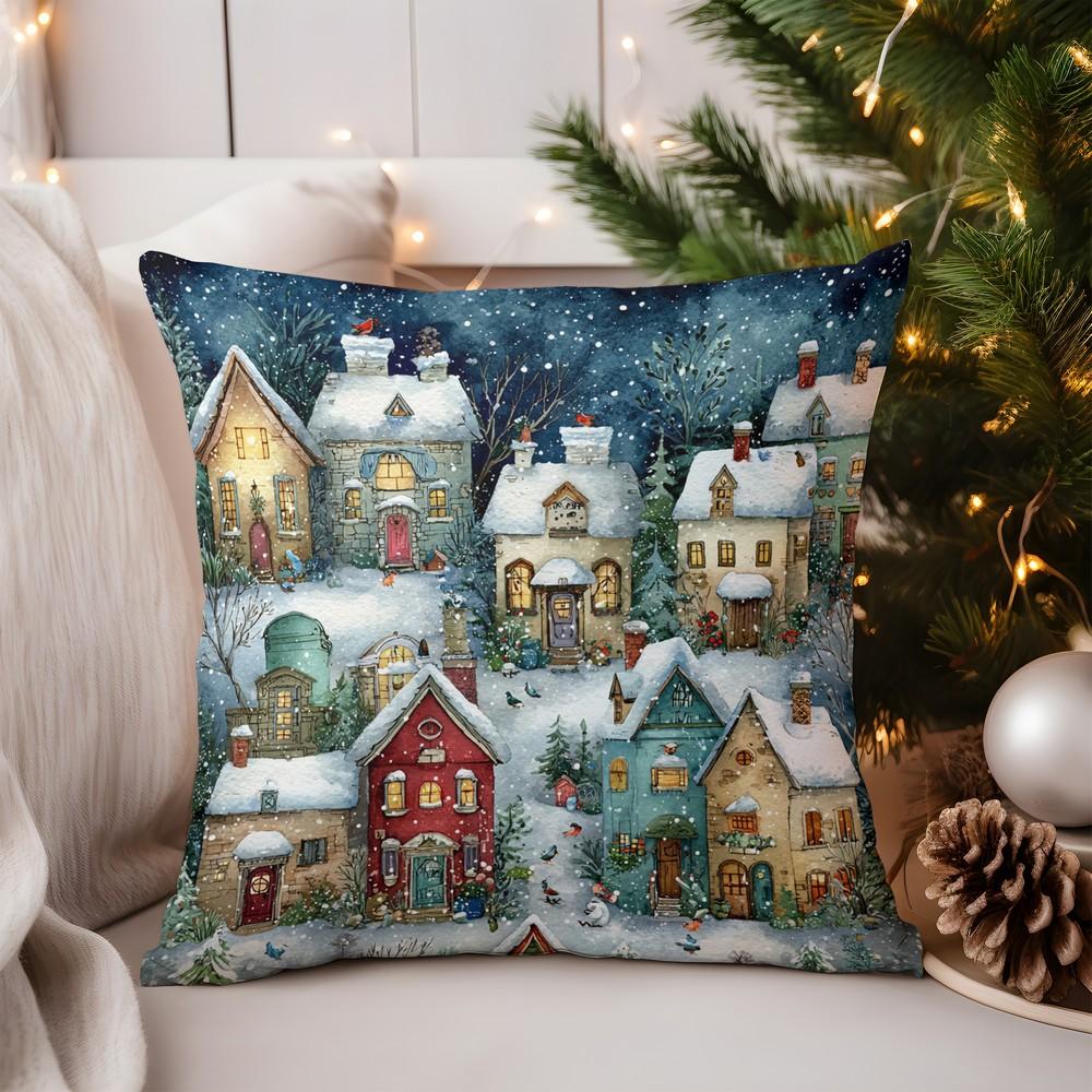 Home Decor Charming Snowy Village Digital Print Pillow Pattern Cushion Cover Suitable for Sofa Bedroom Car Pillow Cover