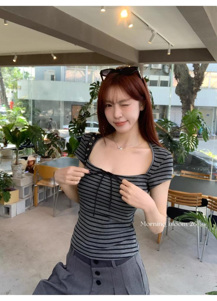 Summer New Korean Spice Girl Slim-fit Contrasting Stripes Square Neck Bow Strap-on Slim-fit Short-sleeved T-shirt Women's Top