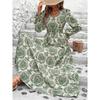 Women's V Neck Long Puff Sleeve Floral Maxi Dress Slim Fit High Waist Street Casual Dress