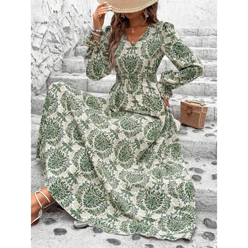 Women's V Neck Long Puff Sleeve Floral Maxi Dress Slim Fit High Waist Street Casual Dress