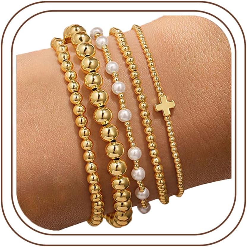 Yoosteel Gold Beaded Bracelets for Women Teen Girls, Gold Plated Jewelry | Gold Stackable Stretch Bracelets, Dainty Round Beaded Pearl Cross Bracelet