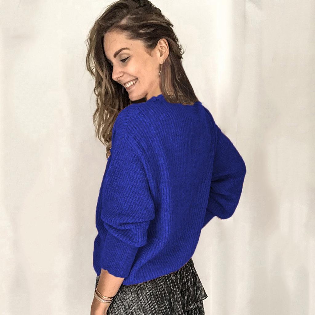 Women's Fashion Lace V Neck Pullover Sweater Loose Fit Long Sleeve Solid Color Lightweight Knitwear