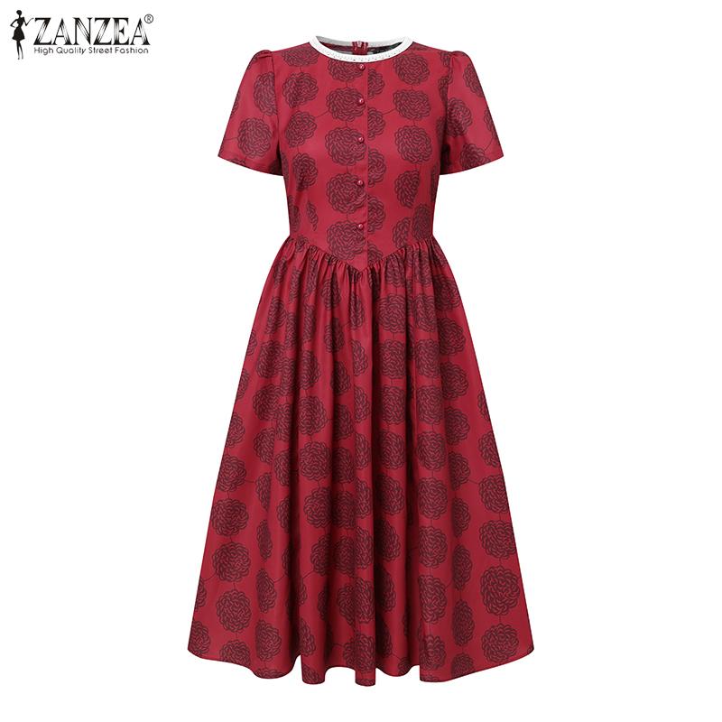 ZANZEA Damen Sommer Spitze Einsatz Rundhals Lässig Kurzarm Druck Kleid