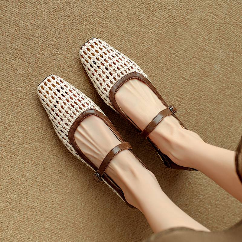 Krazing Pot Cow Skin Weaving Summer Size 41 Low Heels Party Shoes Women Square Toe Gladiator Hollow Out Pumps