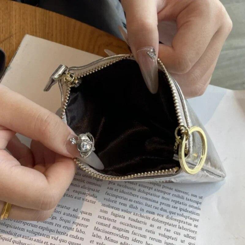 Fashion Genuine Leather Zipper Coin Purse Mini Cute Silver Wallet for Women Portable Key Card Coin Storage Bag Organizer Pouch