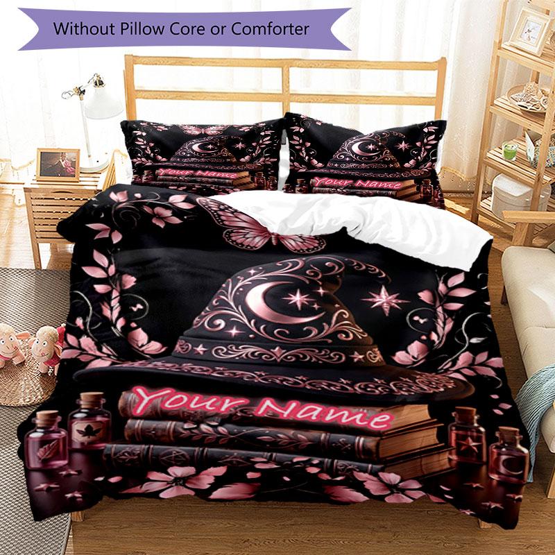 3PC Custom Name Witchcraft Magic Art Bedding Set Duvet Cover Closure Includes 1 Duvet Cover & 2 Pillowcases for Bedroom