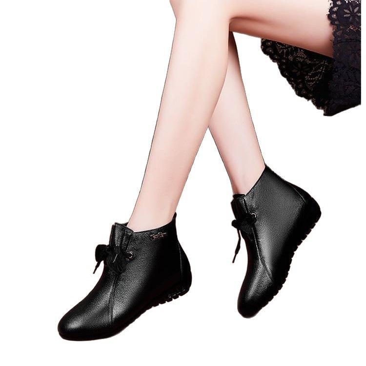 Thick-soled Soft Leather Cotton Boots Women's Versatile New Winter Non-slip Martin Boots Warm and Velvet Flat-bottomed Short Single Boots