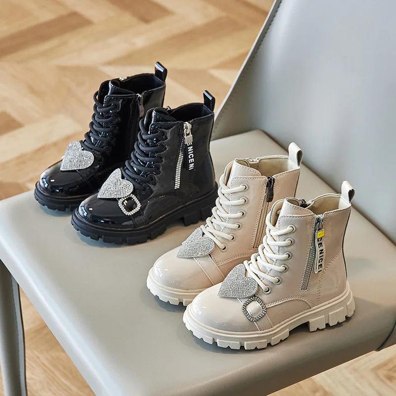 Children Ankle Boots Side Zipper Rhinestones Love 2024 Girls Boots Drop Shipping Simple Non-slip Princess Catwalk Kids Shoes PU