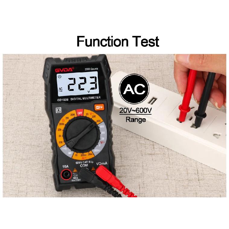 GVDA Digital Multimeter DMM Voltmeter True RMS AC DC Ohm Voltage Meter Resistance Tester 2000 Counts Multitester Diode Tester