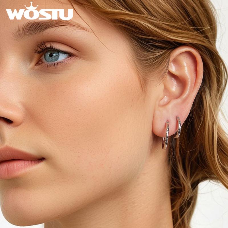 WOSTU Mulit size 925 Sterling Silver Big Hoop Earrings For Women Round Circle Loop Gift Wedding Party Simple Ear Hoops Pendients