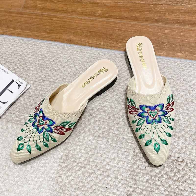 Fashion Slippers Shoes for Women Mules Luxury Designer Embroidery Ethnic Style Low Heel Home Sandals Female New In Fashion