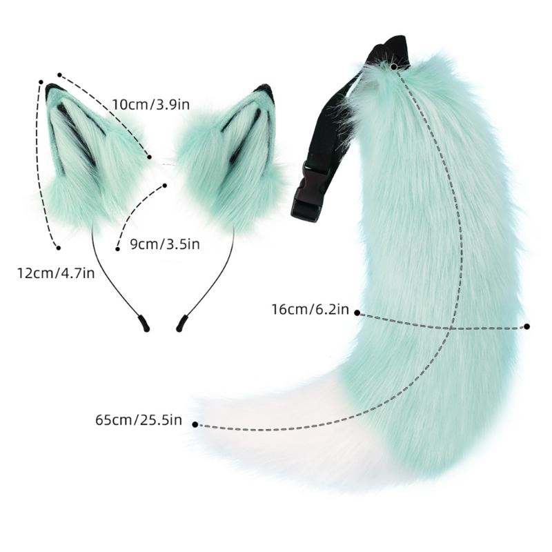 Wolf Ears Headband with Tail Foxes Wolf Ears and Tail Set Halloween Cosplay Party Foxes Costume Accessories Kid Adult