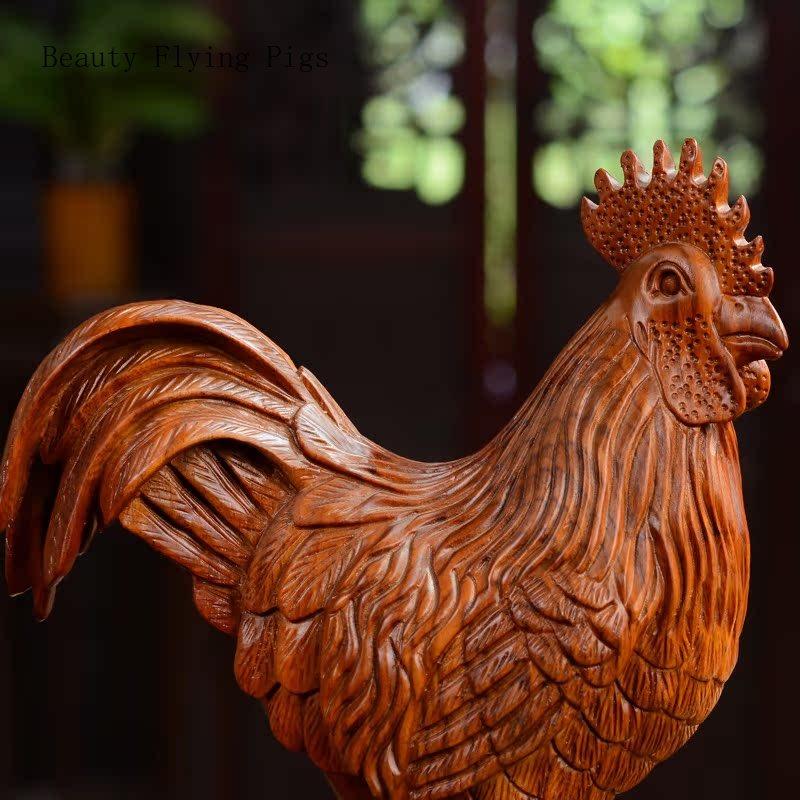 Chinese Classical Yellow Flower Pear Wood Carving Big Rooster Decoration Living Room Office Redwood Crafts Animal home decor