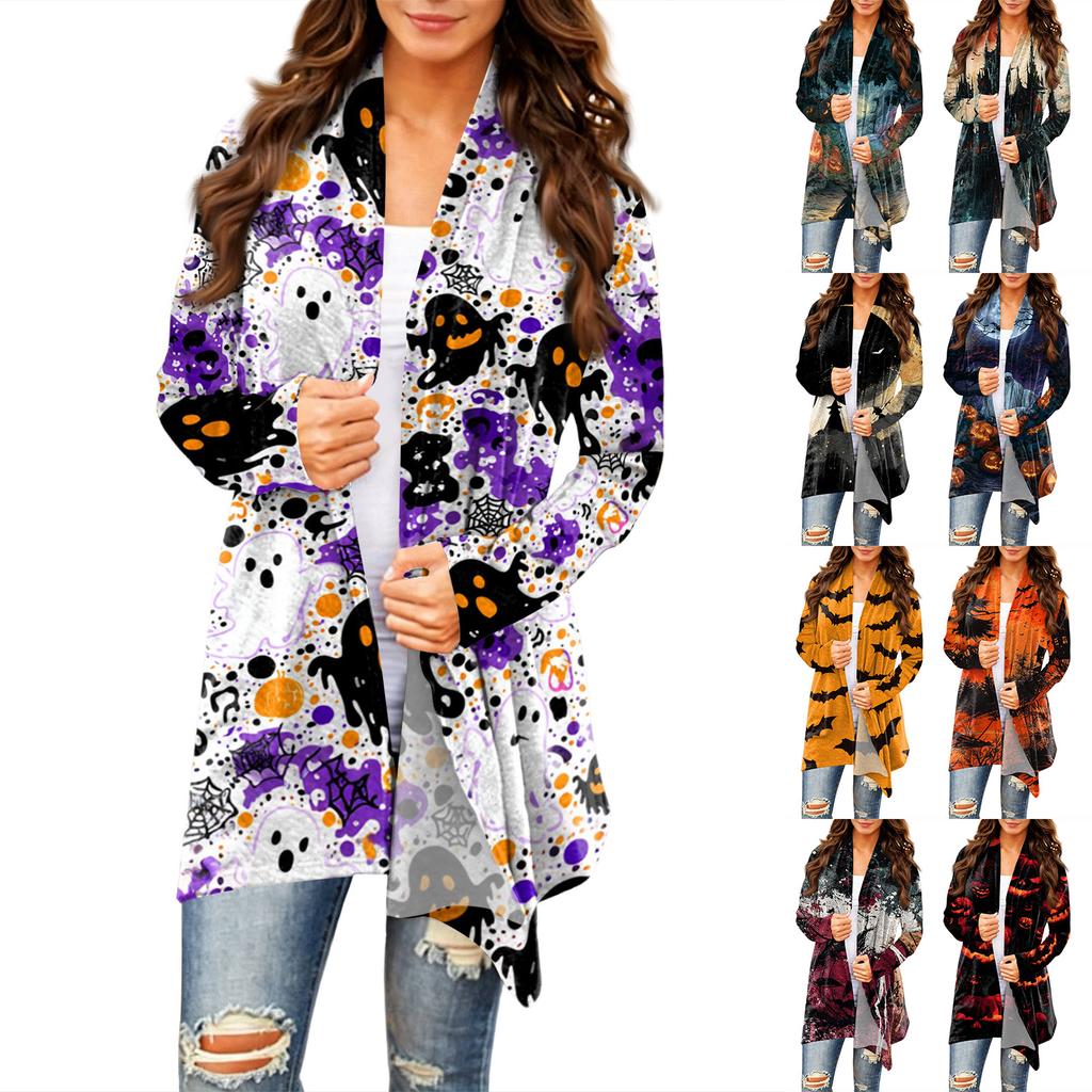 Women's Casual Halloween Print Mid-Length Cardigan Coat