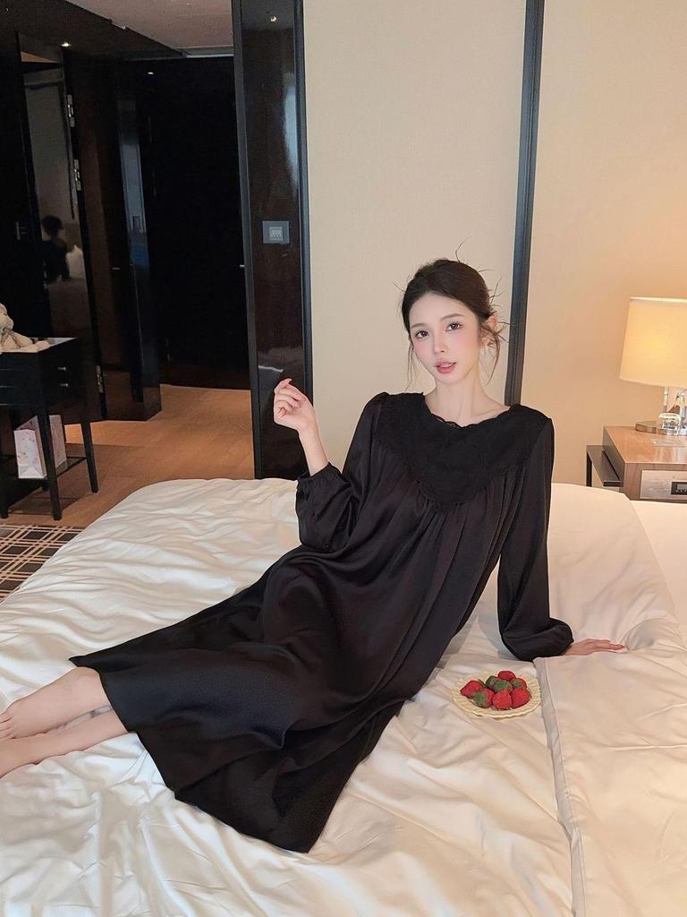 2026 French High-End Lace Cutout Long Sleeve Ice Silk Sleep Dress for Women