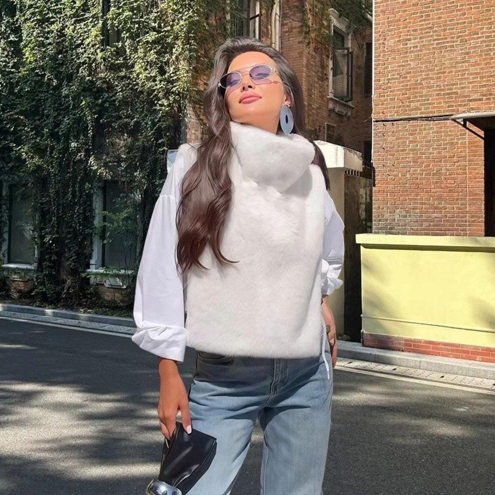 Mink Fur Turtleneck Tank Tops High Collar Layering Piece Faux Fur Vest Fluffy Thicken Sable Vest Autumn Winter