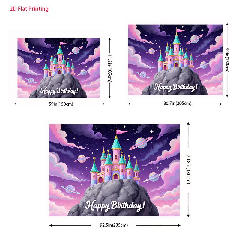 2D Magical Castle Backdrop, Princess Castle with Planets, Stars and "Happy Birthday" Text Background Cloth