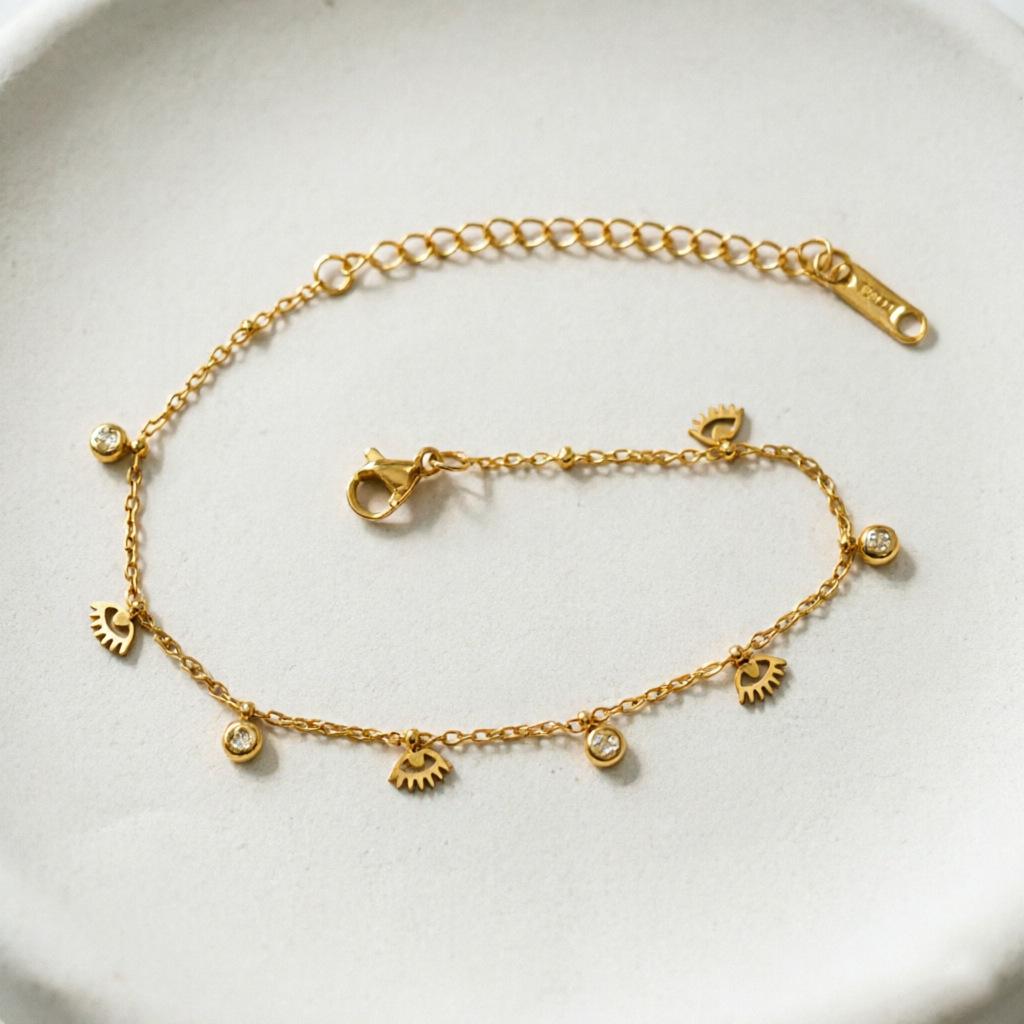 European Multi-layer 18K Gold-Plated Titanium Steel Bracelet with Star, Sun, and Heart Stone Tassels