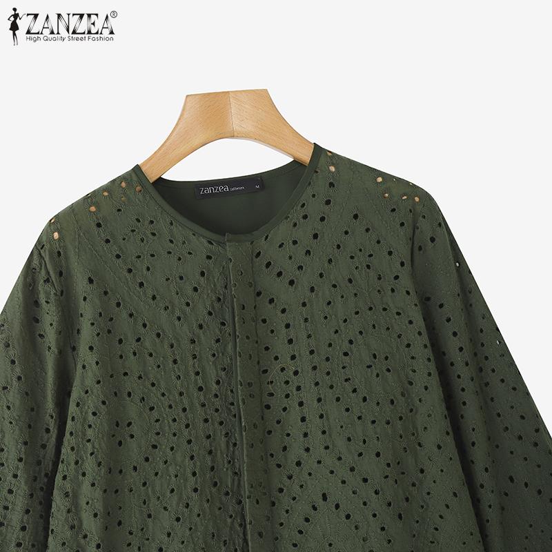 ZANZEA Dámská letní halenka s kulatým výstřihem, 3/4 rukávy, krajkovým háčkovaným patchworkem, volného střihu