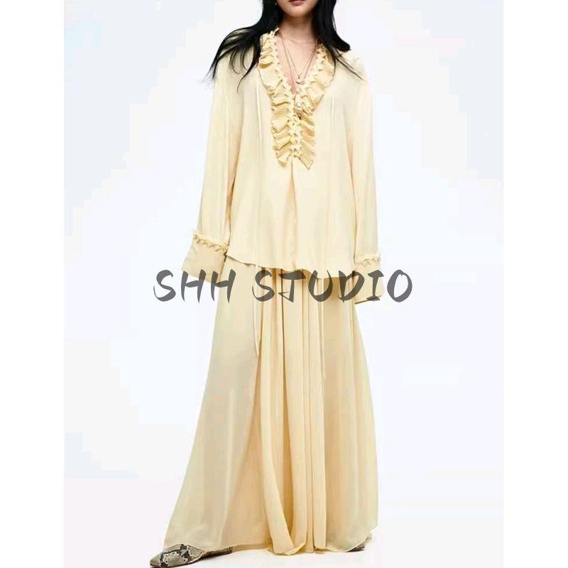 Summer New Product Women's Clothes French Style Design Loose-Fitting V-neck Long Sleeves Wave Style Wear Shirt Dress 1284891