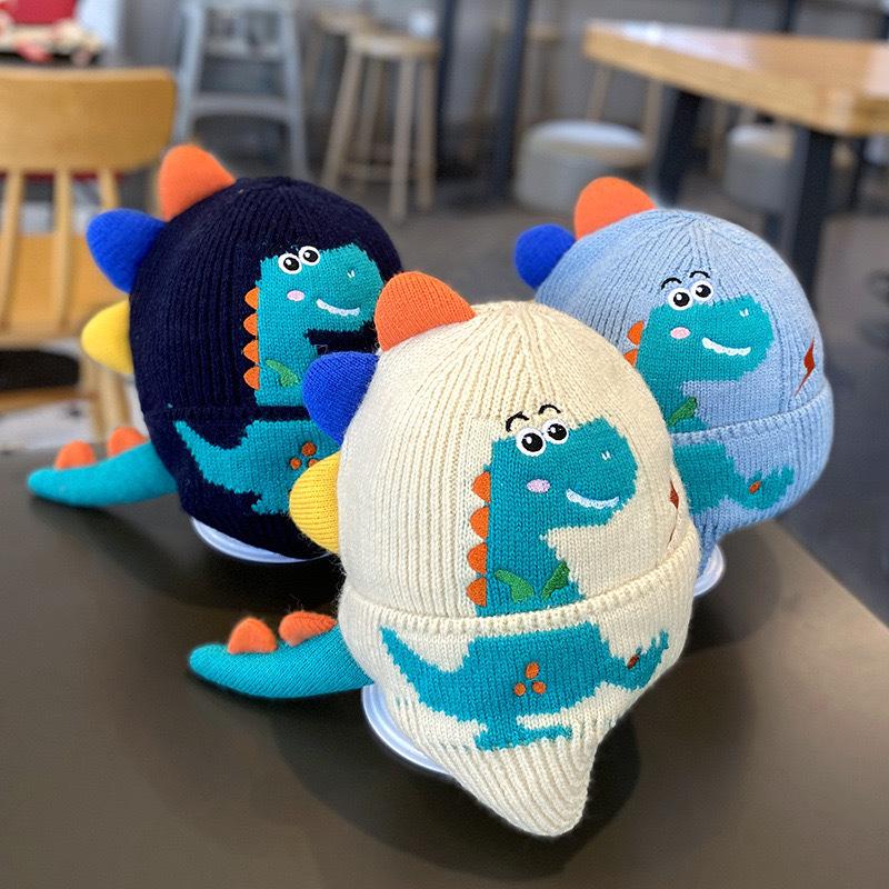 Winter Warm Baby Ear Protection Hat 3D Dinosaur Kids Earmuffs Cap Cartoon Toddler Woolen Knitted Hats 2-6 Years Children Beanie