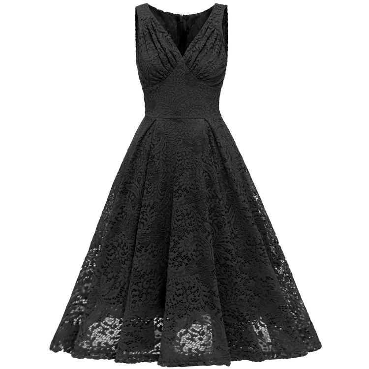 Elegant Vintage Lace Dress for Women V Neck Ruched Bust Cinched Waist Milkmaid Prom Skater Midi Cocktail Evening Party Formal Special Occasion Outfits