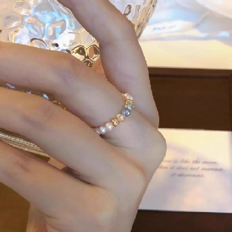 Fashion String Style Imitation Pearl Colored Inlaid Zircon Bracelet Ring, Elegant Temperament for Women, Holiday Accessory Gift