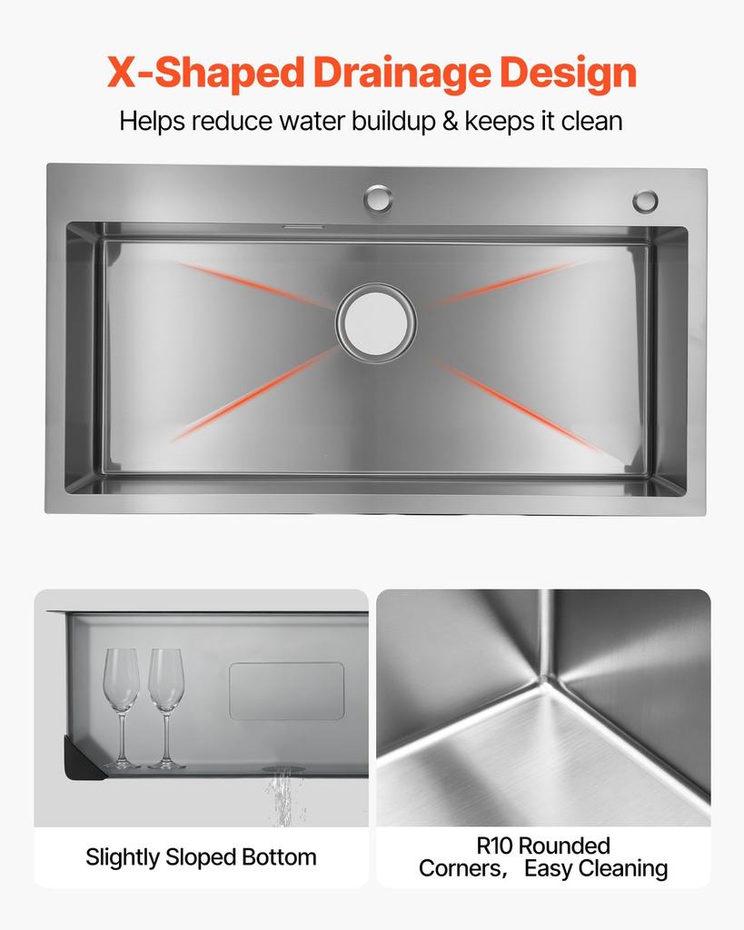 85cm Kitchen Top Mount Single Bowl Sinks, Stainless Steel Drop-In Farmhouse Basin with Accessories, Household Dishwasher Sinks for RV, Prep Kitchen,