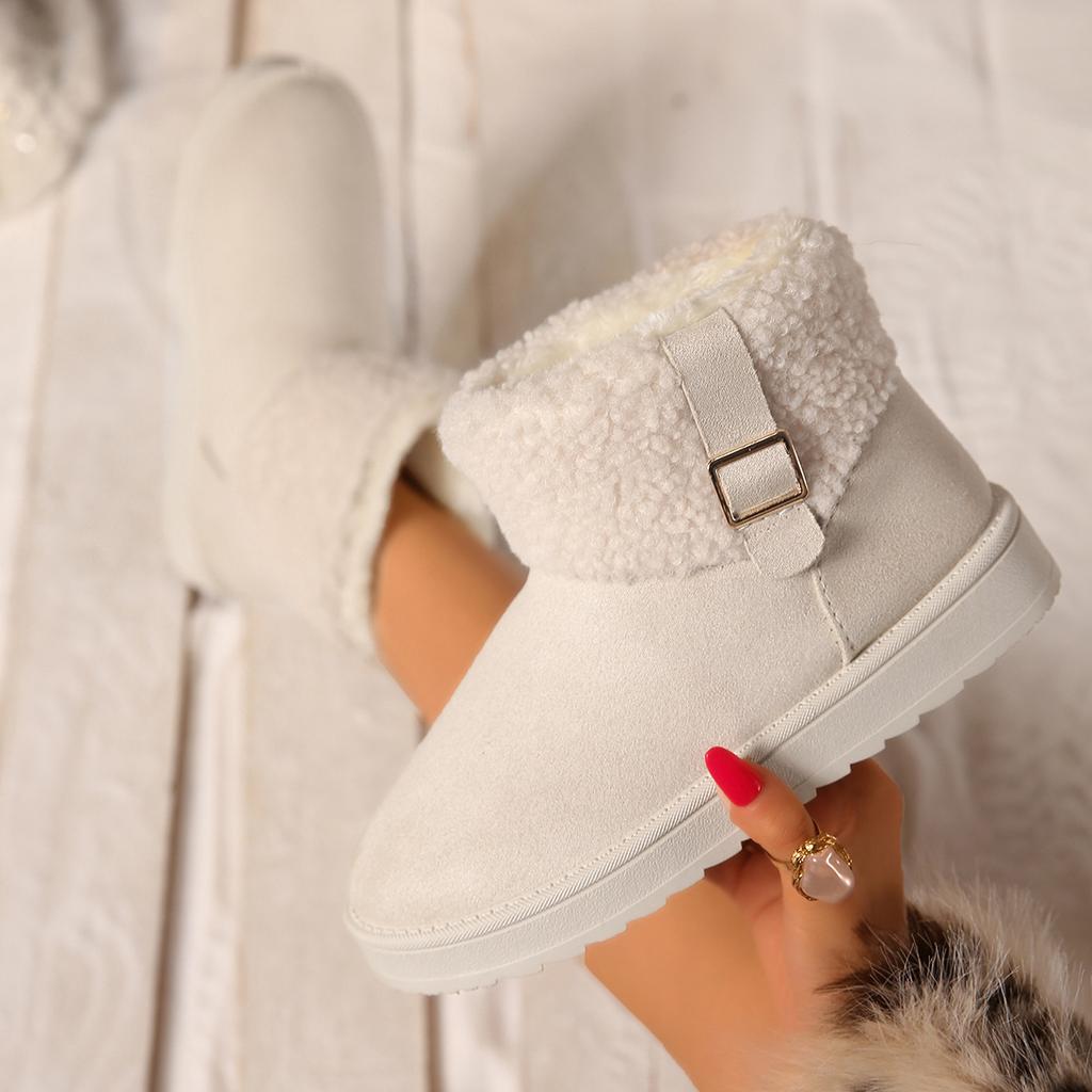 Women's Wide Width Faux Fur Snow Boots, Buckle & Lace-Up Ankle Boots, Reversible Cuff Winter Booties for Women